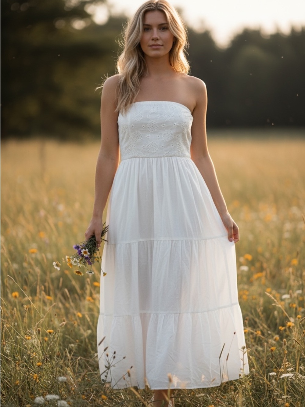 Whimsical White Strapless Maxi Dress Small Floralfairy Eyelet Tiered Bride Chic